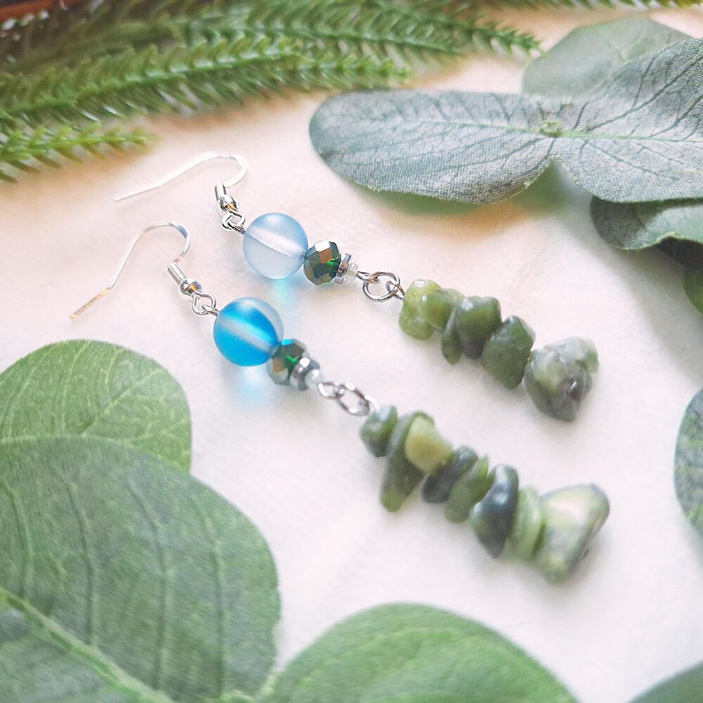 Aqua Blue Glass & Green Serpentine Dangle Earrings - Picture 9 of 13